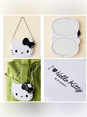 Sanrio Japan Hello Kitty Shaped Compact Mirror Keychain Black Rhinestone Bow